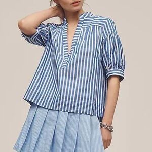 Anthropologie Blue & White Striped The Darcey Popover Swing Top | XS